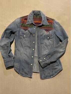 Mono b Denim Shirt Jacket with Colorful Patterned Yoke